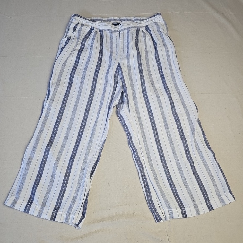 Hatley Pants Womens XL Wide Leg Crop 100% Linen White/Navy Striped Beach Coverup